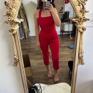 Halter Neck Elegant Red Capri Jumpsuit